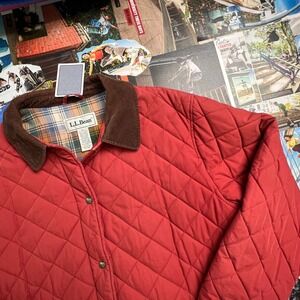 LL Bean Mens Quilted Jacket Red Thermore Plaid Lined Corduroy Collar OHJ05